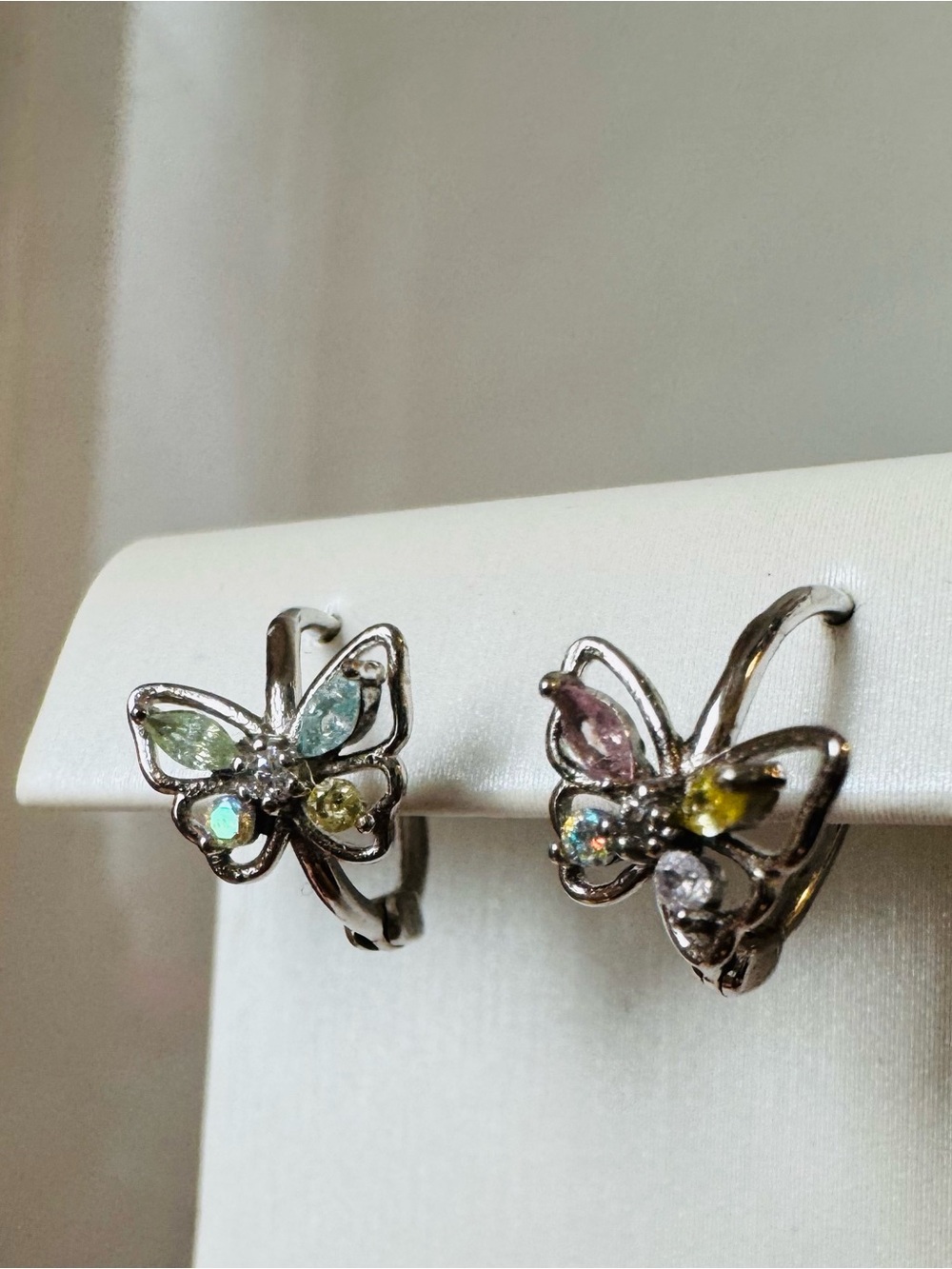 S925 silver butterfly huggie hoops sleeper earrings AB crystal iridescent